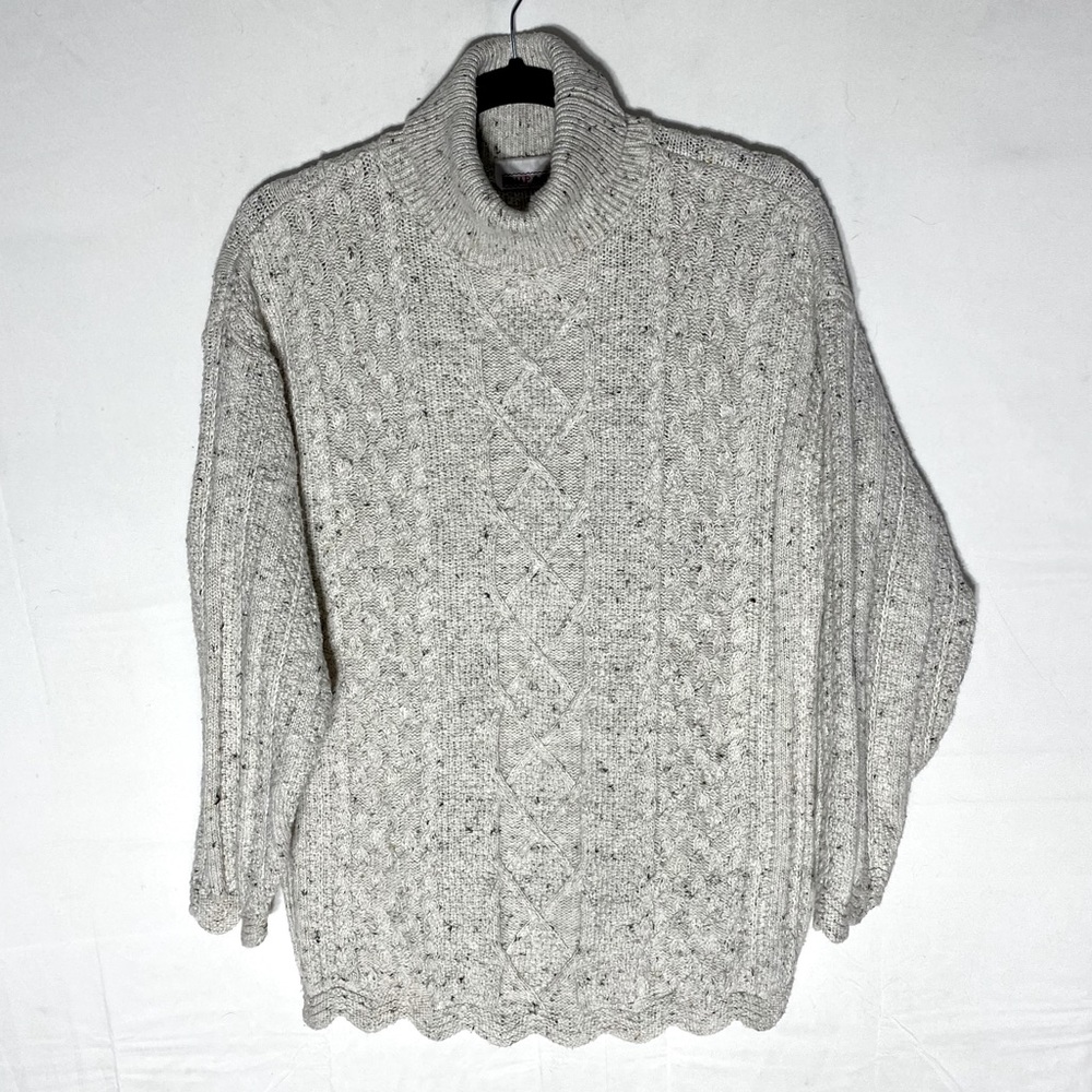 Vintage 90a Simpatico Oatmeal Cable Knit Turtleneck Sweater W Scalloped Hem S